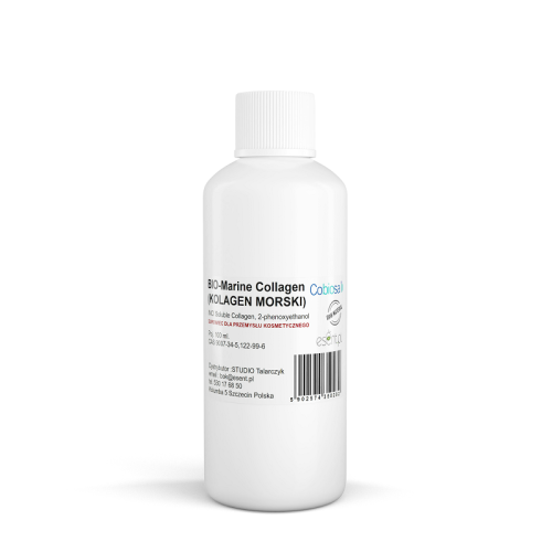 Biała butelka 100 ml z białą etykietą, na której widnieje napis ''BIO - Marine Collagen (kolagen morski)''.