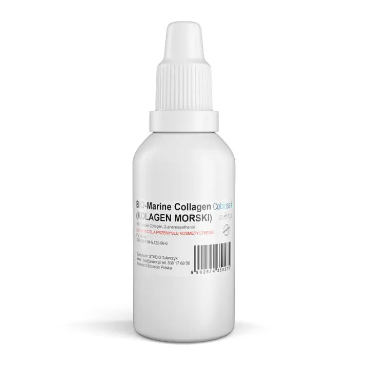 Na zdjęciu biała buteleczka z BIO - Marine Collagen (kolagen morski). Pijemność 30 ml.