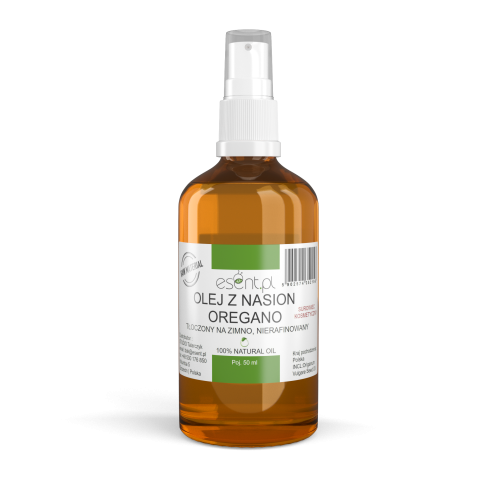 Brązowa, szklana butelka 50 ml z atomizerem. Biała etykieta z napisem: Olej z nasion Oregano, tłoczony na zimno, nierafinowany. Produkt firmy Esent.