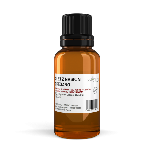 Brązowa, szklana buteleczka 20 ml z czarnym korkiem. Biała etykieta z napisem: Olej z nasion oregano. Produkt firmy Esent.