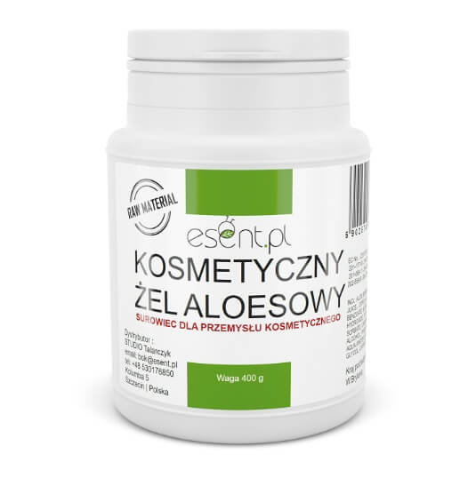 Na zdjęciu znajduje się opakowanie kosmetycznego żelu aloesowego marki Esent.pl. Produkt umieszczony jest w białym, plastikowym pojemniku z zielono-białą etykietą zawierającą nazwę produktu oraz informacje o jego przeznaczeniu.
